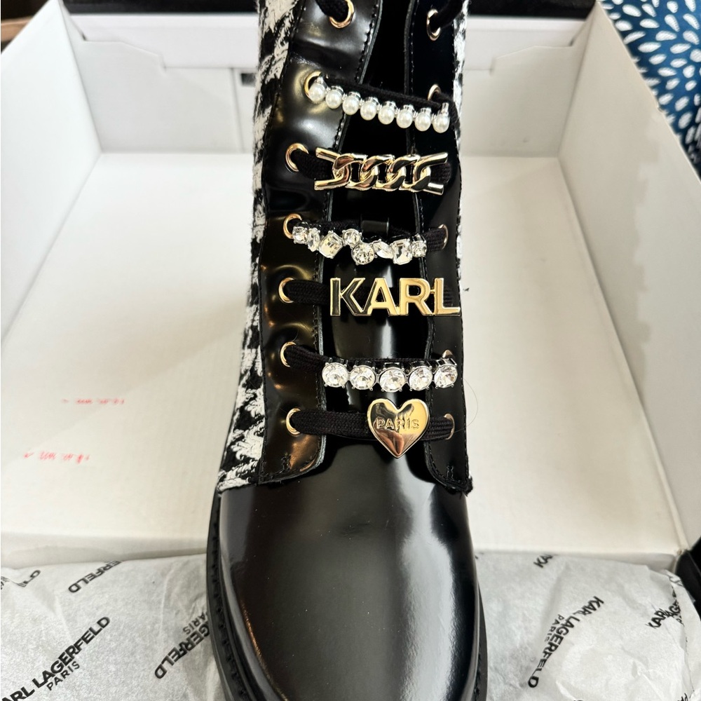 Karl Lagerfeld Black and White Lace Up Boots